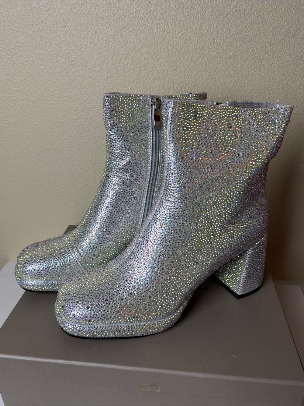 Rhinestone Boots Chunky Block Heel Platform Ankle Booties - Size 9